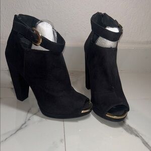 H&M Black Suede Peep-Toe Ankle Strap High Heel Booties with Gold Trim